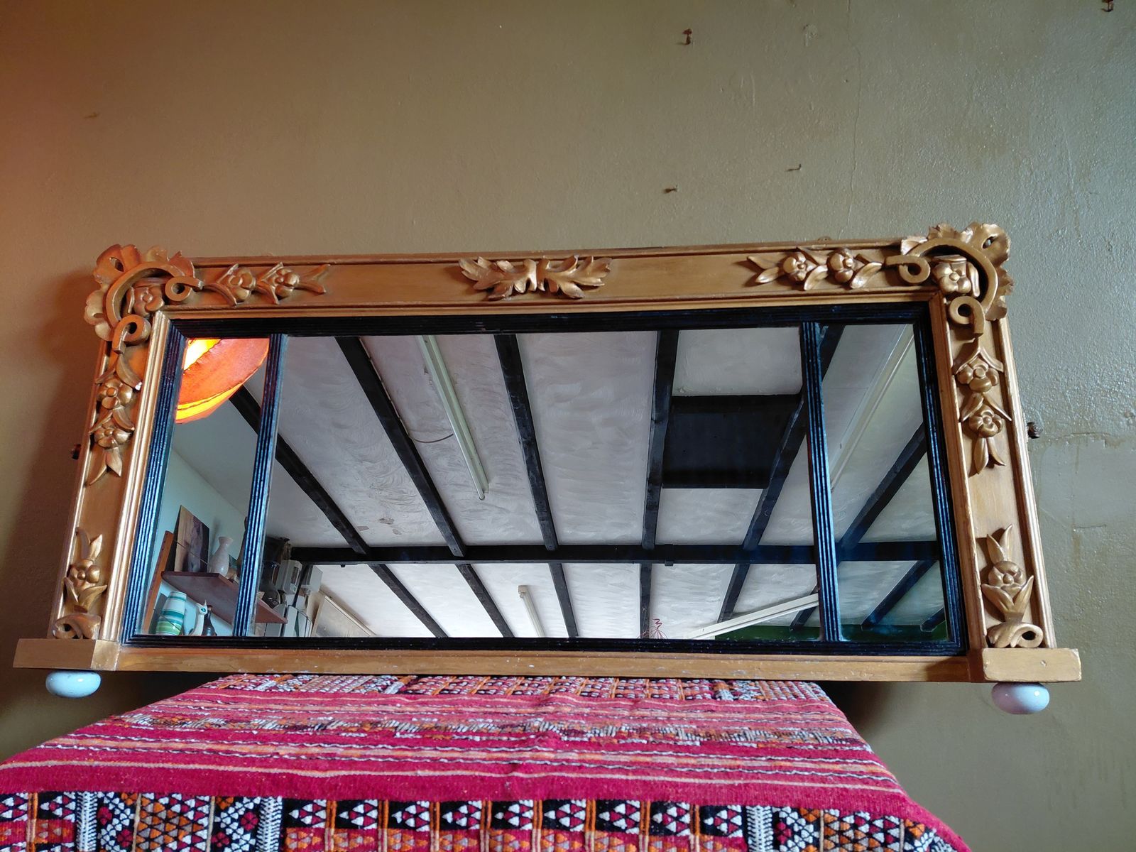 19th Century Gilt Framed Triple Over Mantle Mirror On Ceramic Bun Feet With Ebonised & Reeded Slip Frame