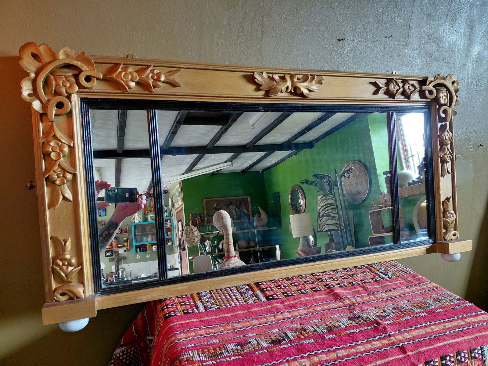 19th Century Gilt Framed Triple Over Mantle Mirror On Ceramic Bun Feet With Ebonised & Reeded Slip Frame photo furniture
