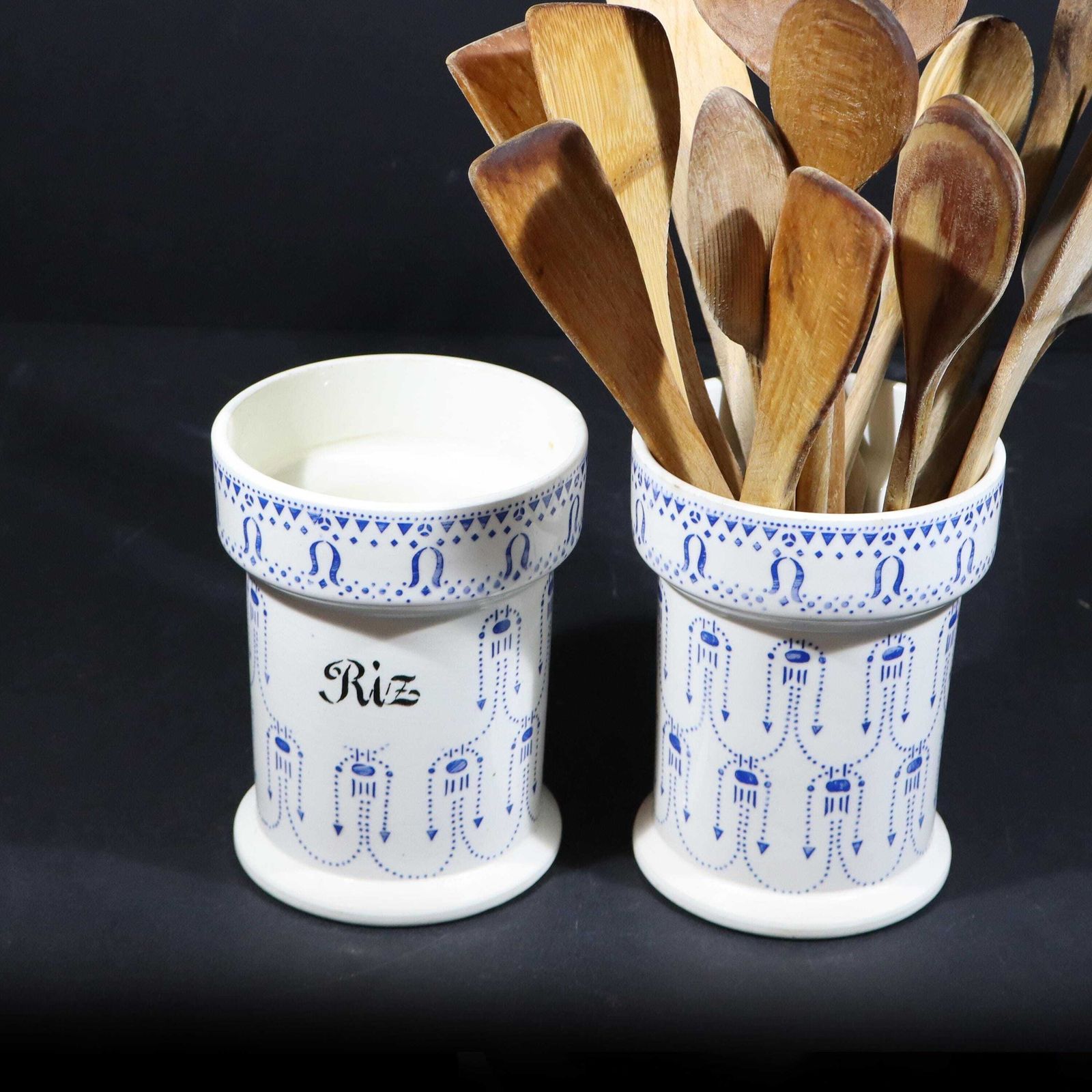 Art Deco Ironstone Storage Jar Set Of 2 French White And Blue Canisters Ceramic Utensil Holder