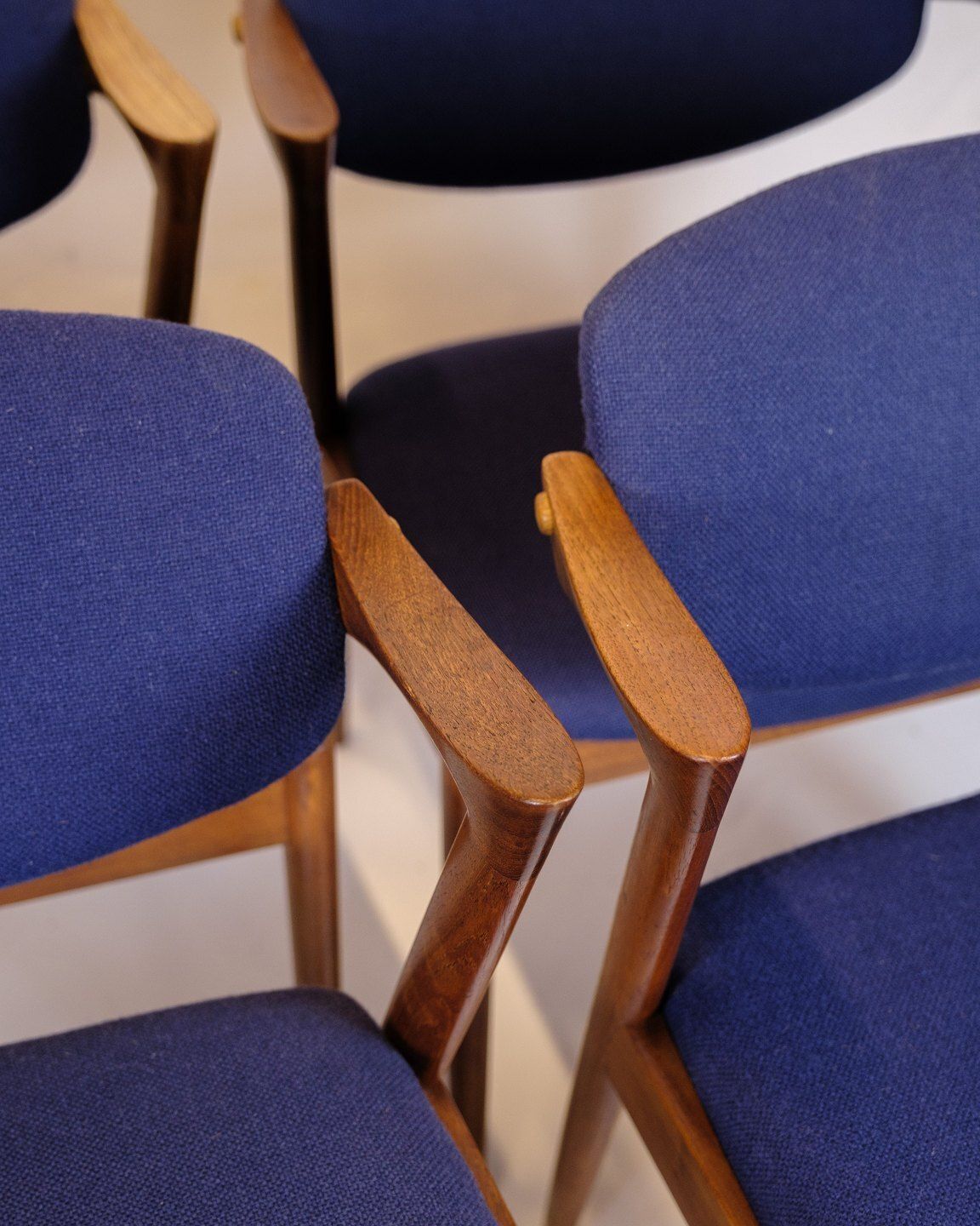 Set Of Six Dining Chairs   Model 42   Teak & Blue Fabric   Kai Kristiansen   Schou Andersen   1960s photo vintage
