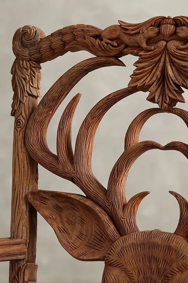 Hand Carved Wooden Armchair With Deer Head & Antler Design – Rustic Luxury Accent Chair photo for sale