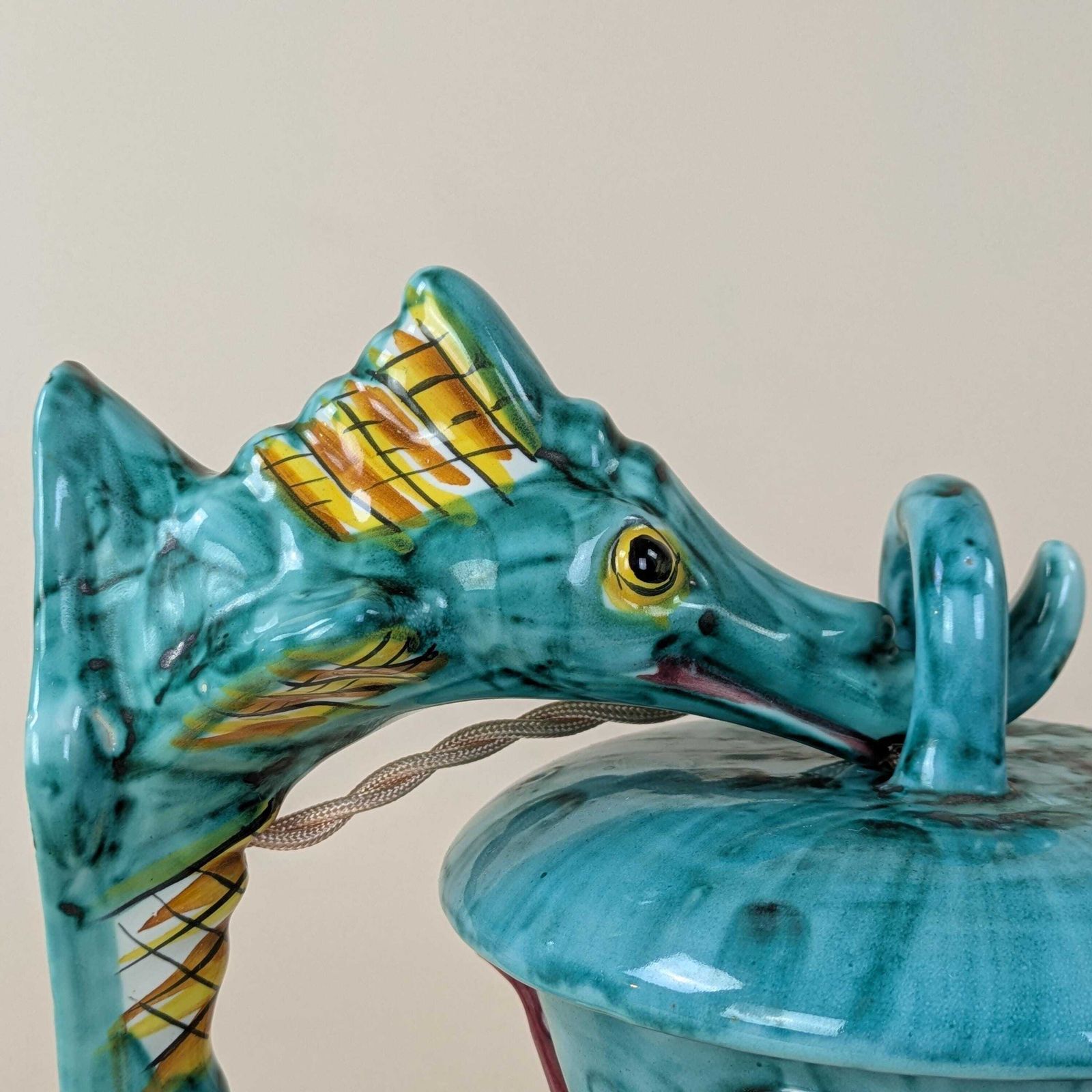 Vintage Ceramic Seahorse Wall Sconce, Turquoise & Yellow Glaze Seashell And Coral Whimsical Hanging Wall Lighting, Nautical Decor Light photo for sale