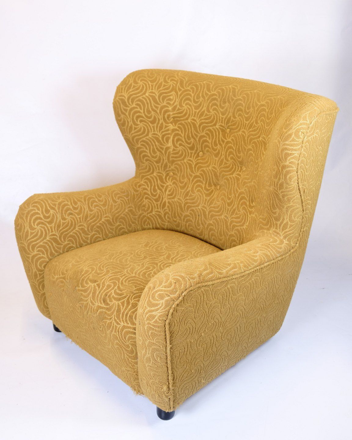Armchair   Upholstered   Patterned Yellow Fabric   Black Legs   Danish Design   1940s Style photo for sale