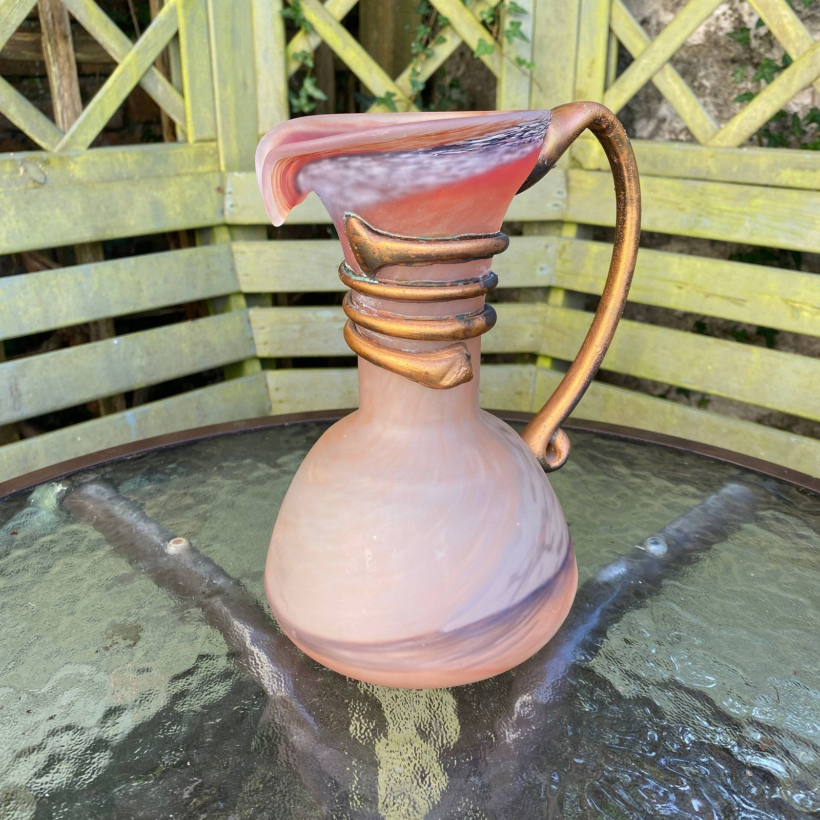 Unique Filip Ravert Art Glass Jug/Ewer/Vase With Copper/Bronze Organic Overlay