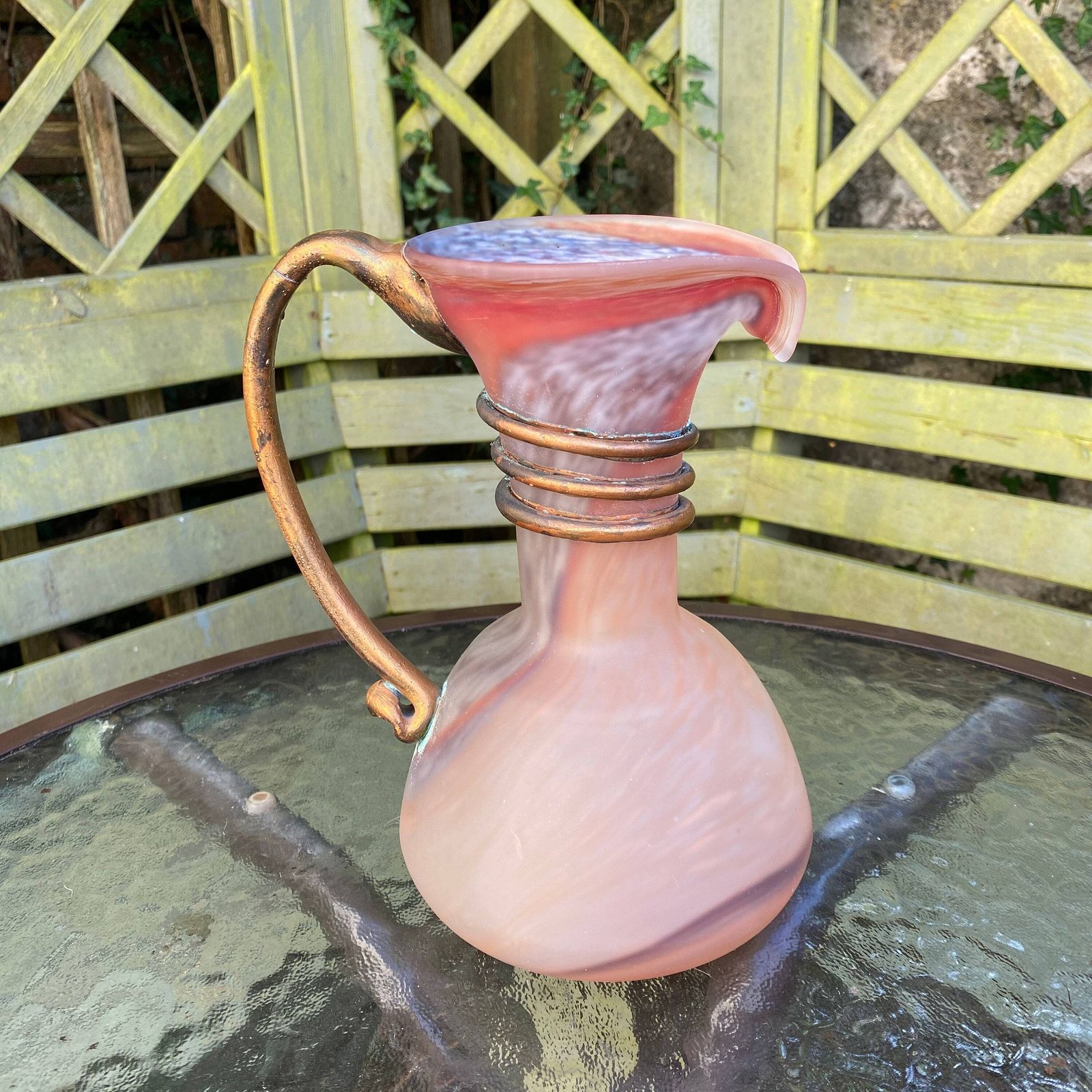 Unique Filip Ravert Art Glass Jug/Ewer/Vase With Copper/Bronze Organic Overlay photo Home Decor