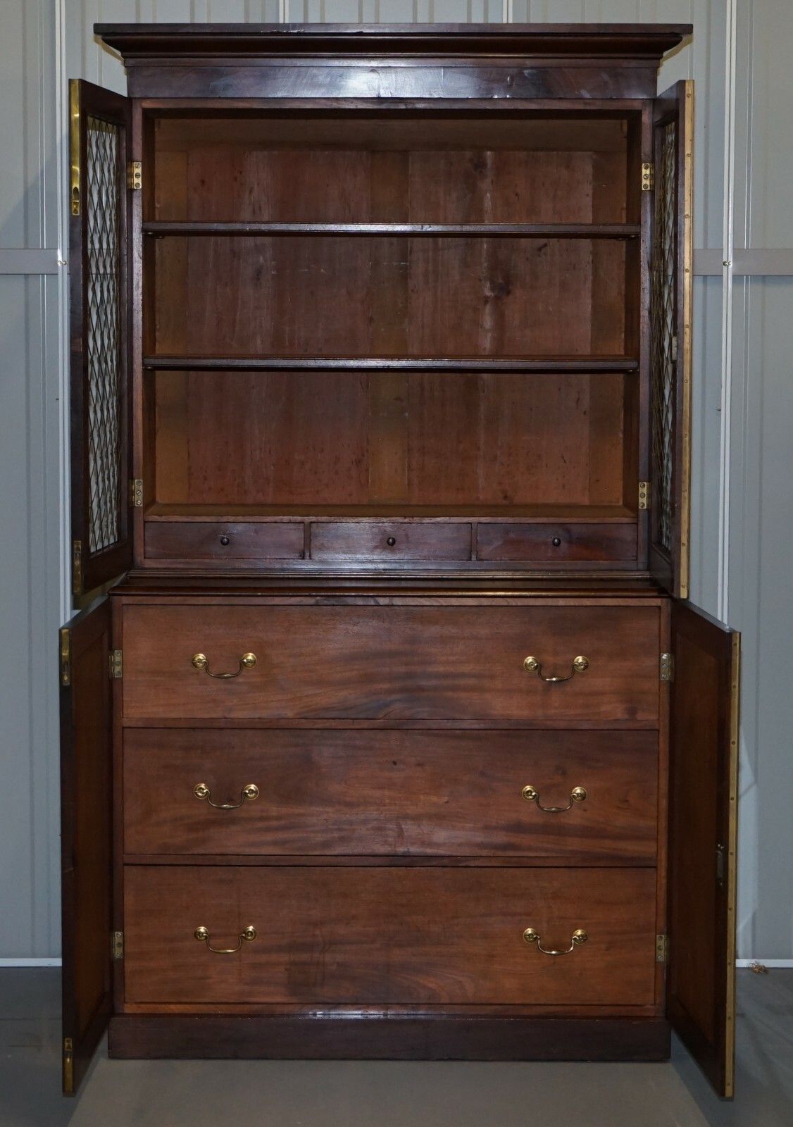 Rare 19th Century Mahogany Pierced Bronzed Door Bookcase With Chest Of Drawers photo vintage