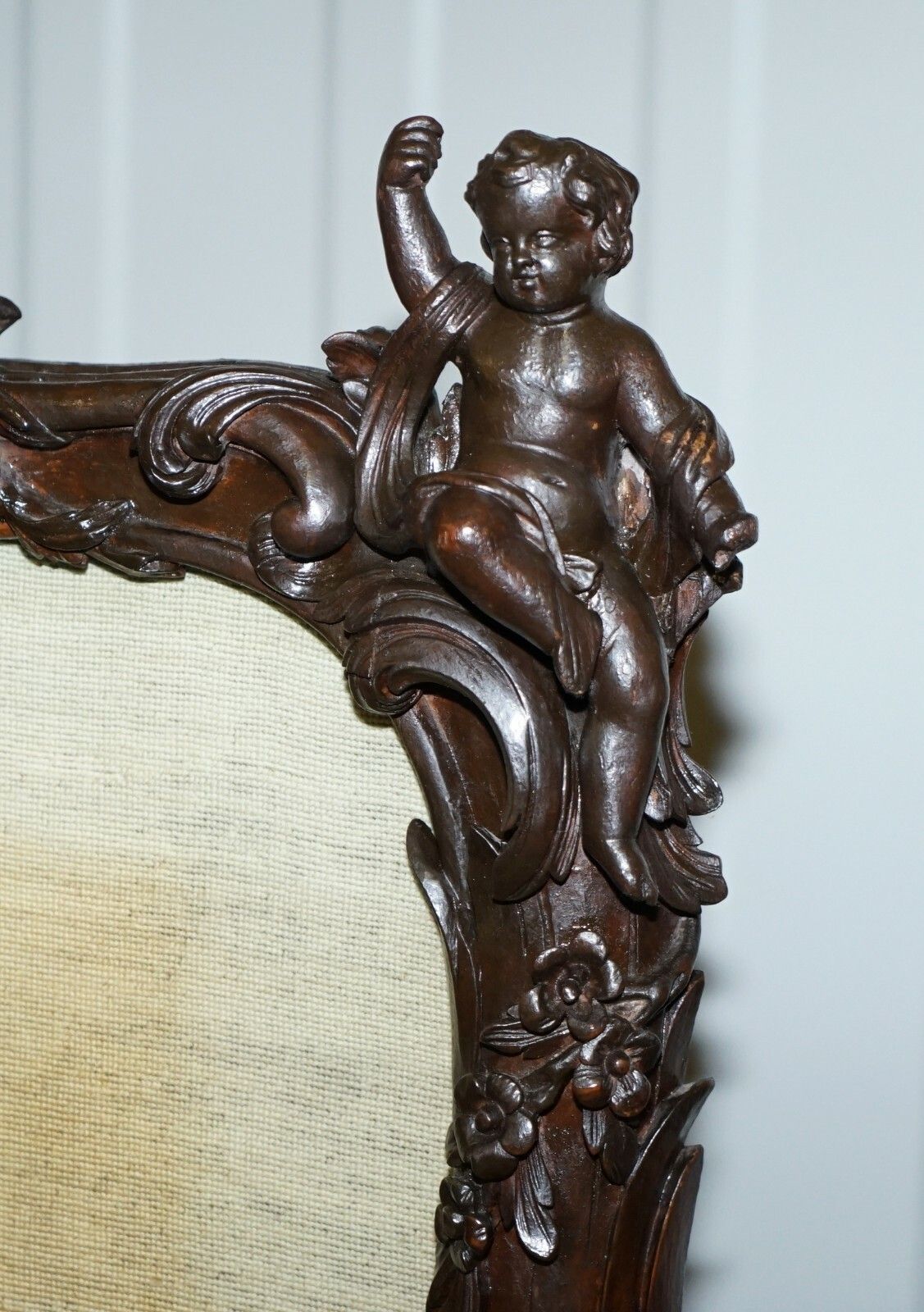 Georgian Circa 1800 Carved Wood Fireplace Screen Original Tapestry Cherubs Putti photo vintage