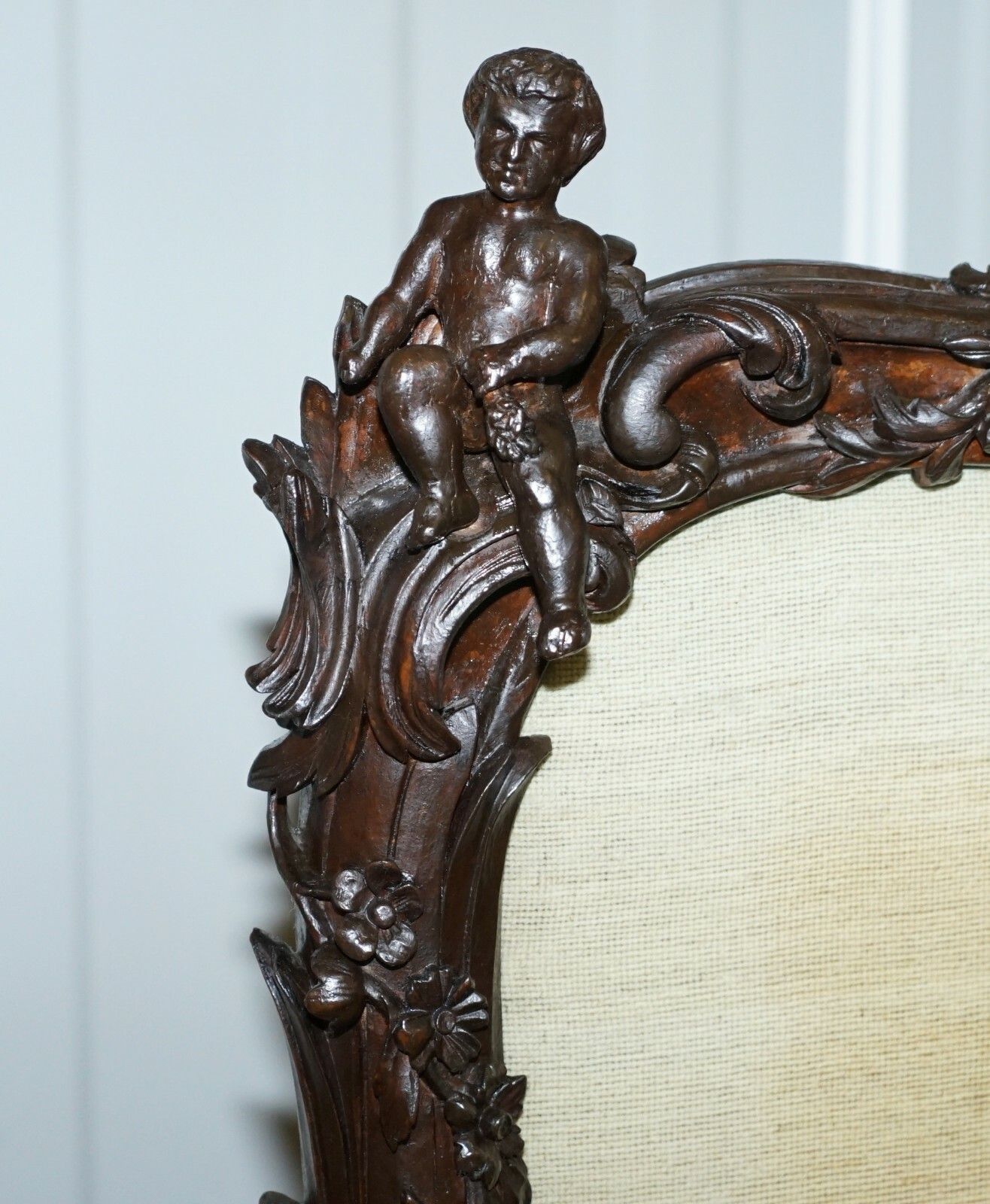 photo furniture Georgian Circa 1800 Carved Wood Fireplace Screen Original Tapestry Cherubs Putti