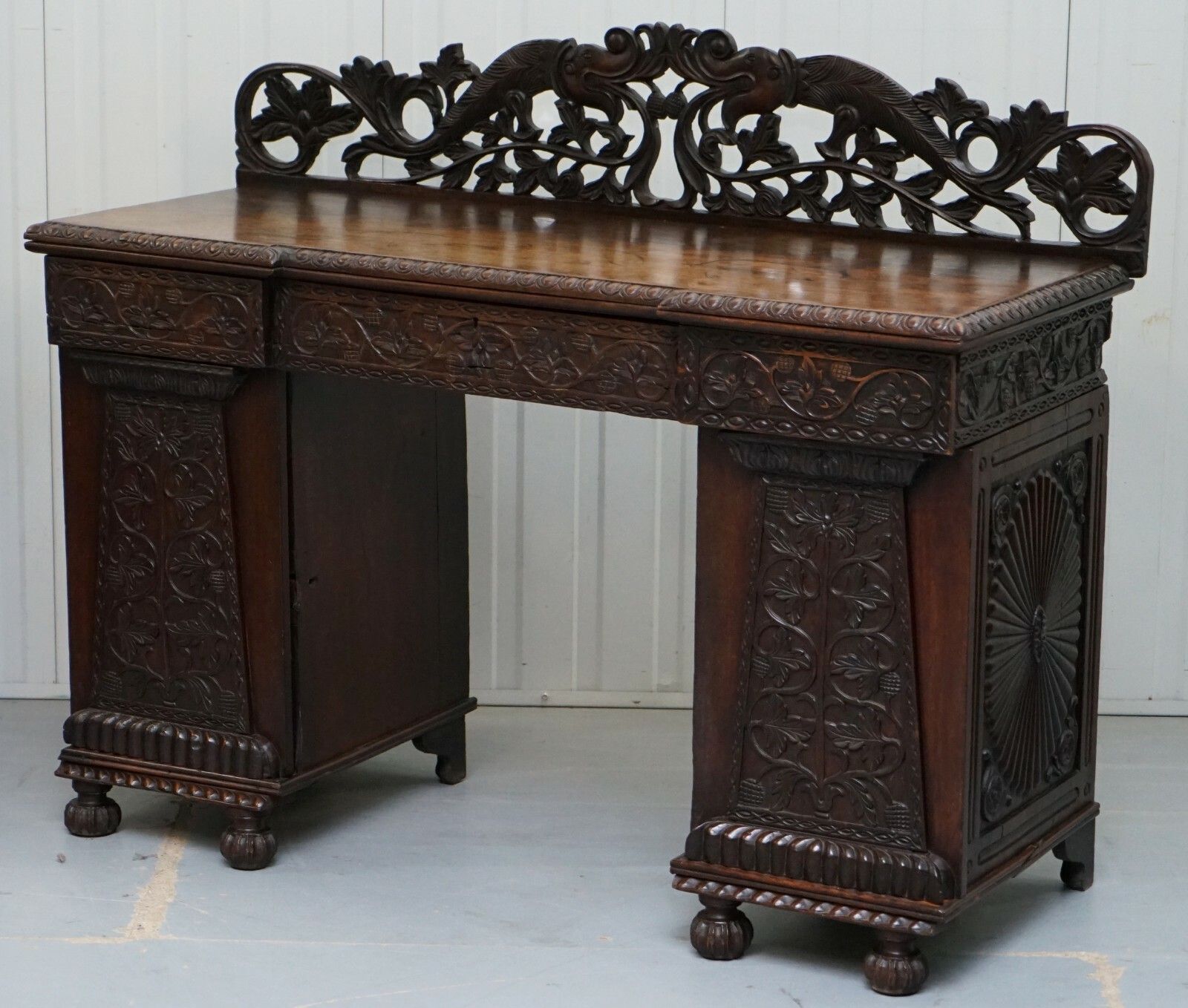 Lovely Anglo Burmese 19th Century Hand Carved Sideboard With Drawers & Cupboards photo for sale