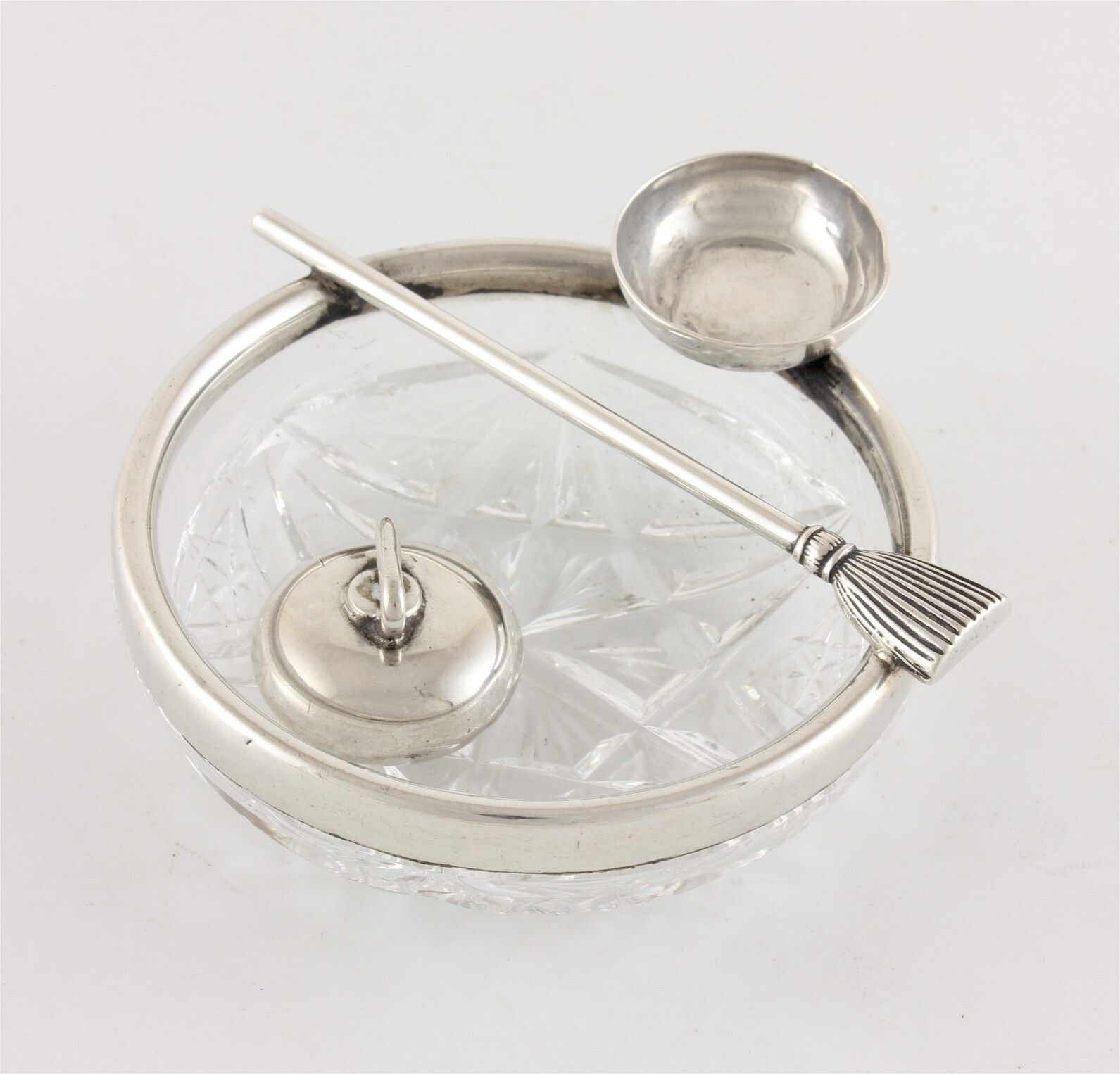 Antique Curling Stone & Brush Pin Dish. German 800 Silver & Cut Glass.