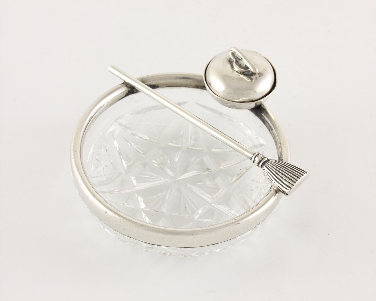 Antique Curling Stone & Brush Pin Dish. German 800 Silver & Cut Glass. photo for sale