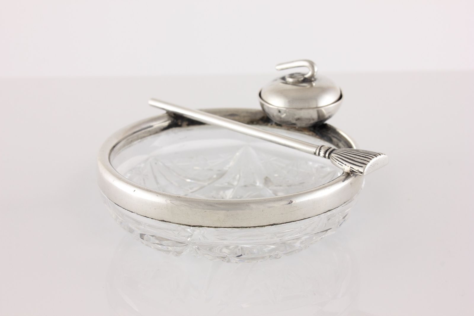 Antique Curling Stone & Brush Pin Dish. German 800 Silver & Cut Glass. photo Home Decor