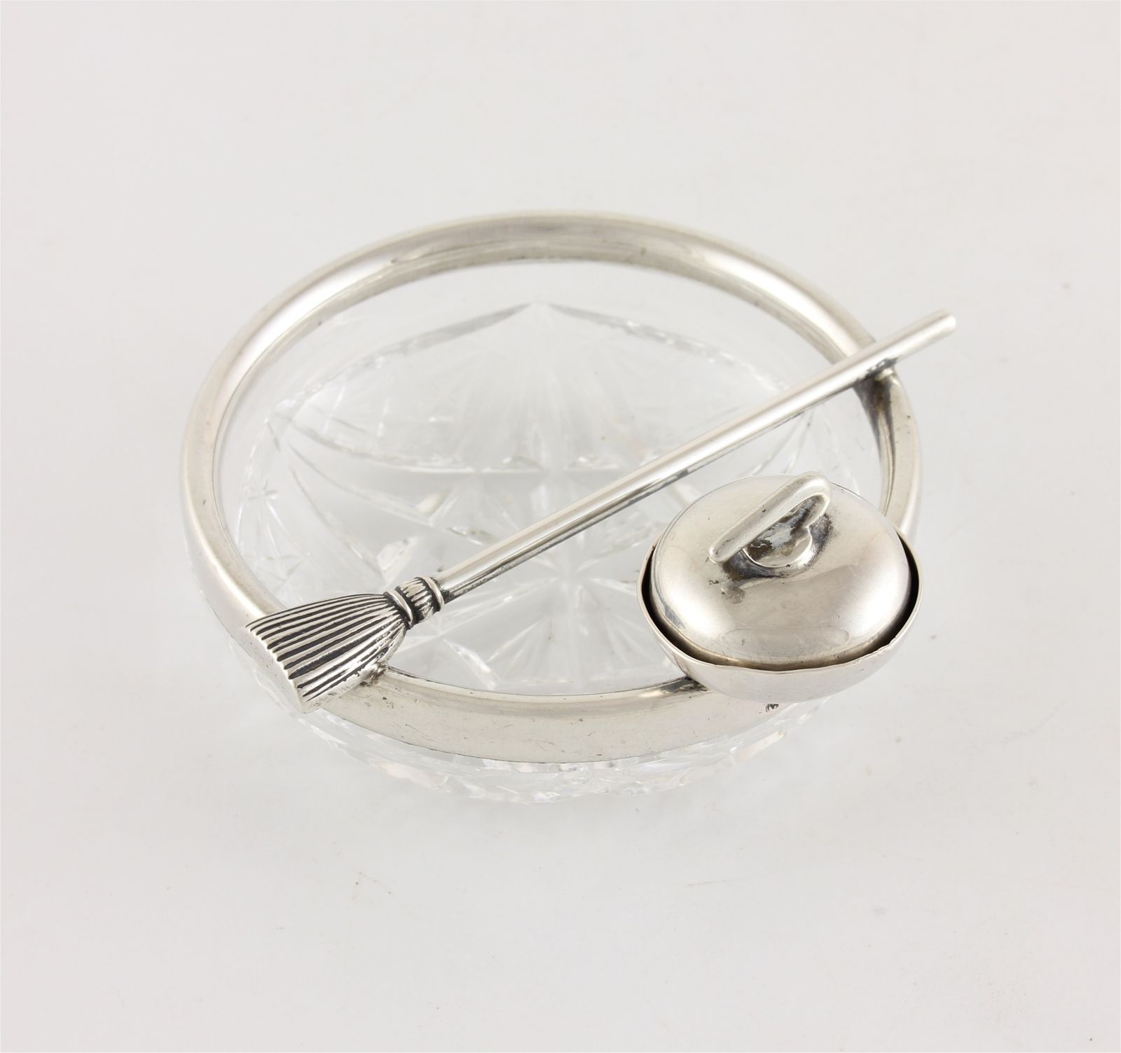 Antique Curling Stone & Brush Pin Dish. German 800 Silver & Cut Glass. photo buy