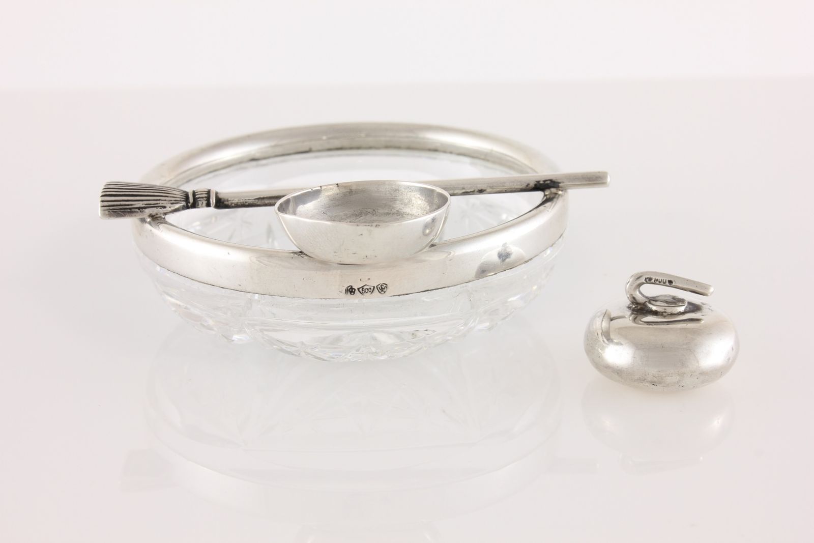 Antique Curling Stone & Brush Pin Dish. German 800 Silver & Cut Glass. photo vintage