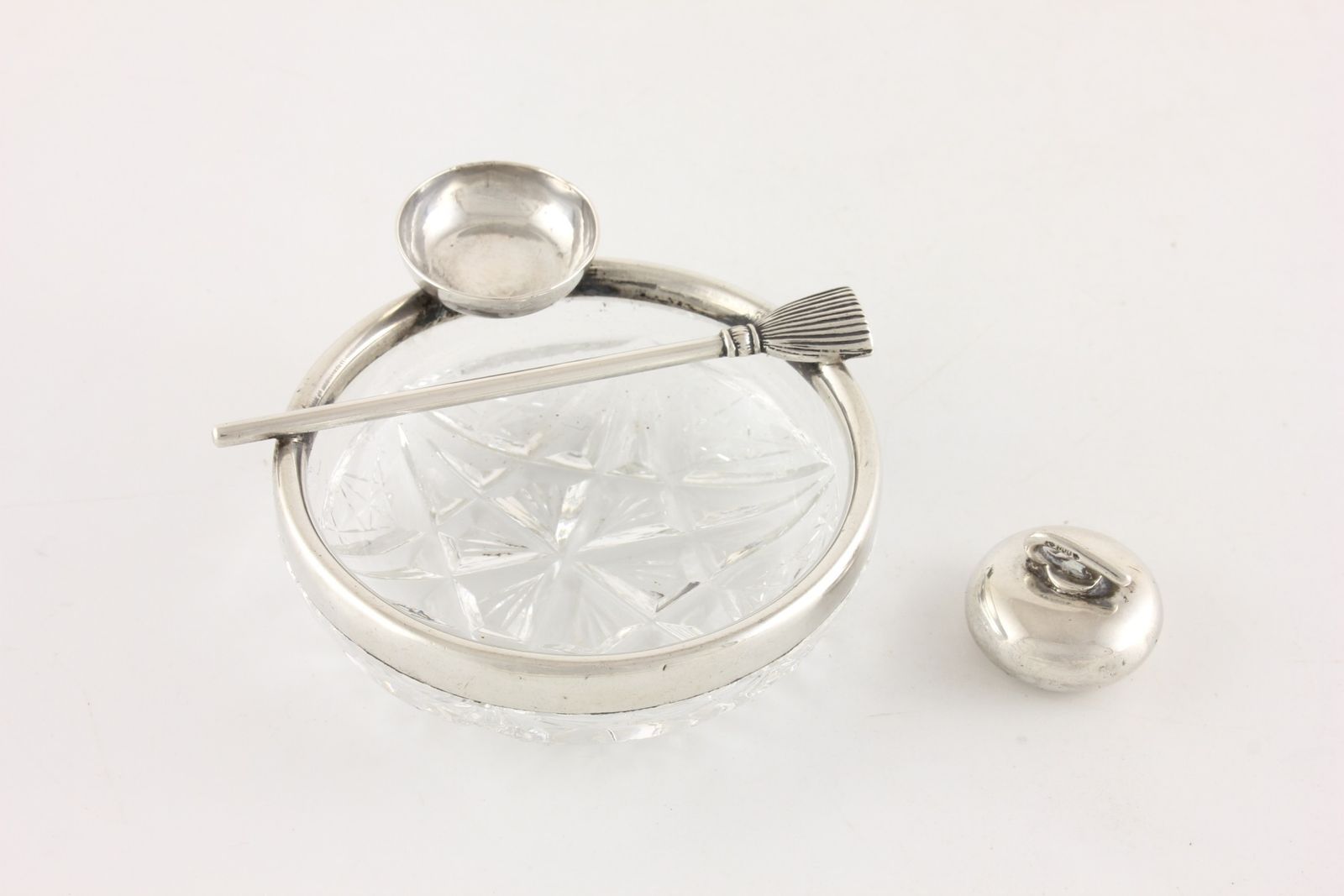 photo furniture Antique Curling Stone & Brush Pin Dish. German 800 Silver & Cut Glass.