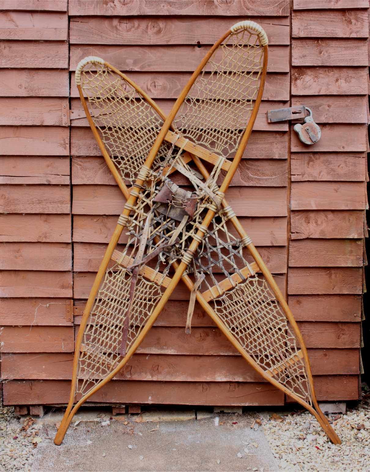 Vintage Pair Of Snocraft Snowshoes. 1943 Snow Shoes. Christmas Ski Lodge. photo furniture