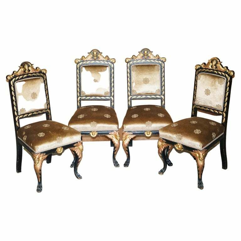 Four Restored Antique Victorian Heavily Carved Ebonised Gold Gilt Dining Chairs