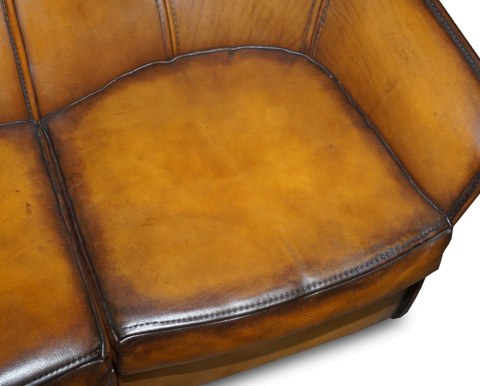 Sublime Fully Restored Art Modern Curved Back Brown Leather Sofa Part Of Suite photo vinterior