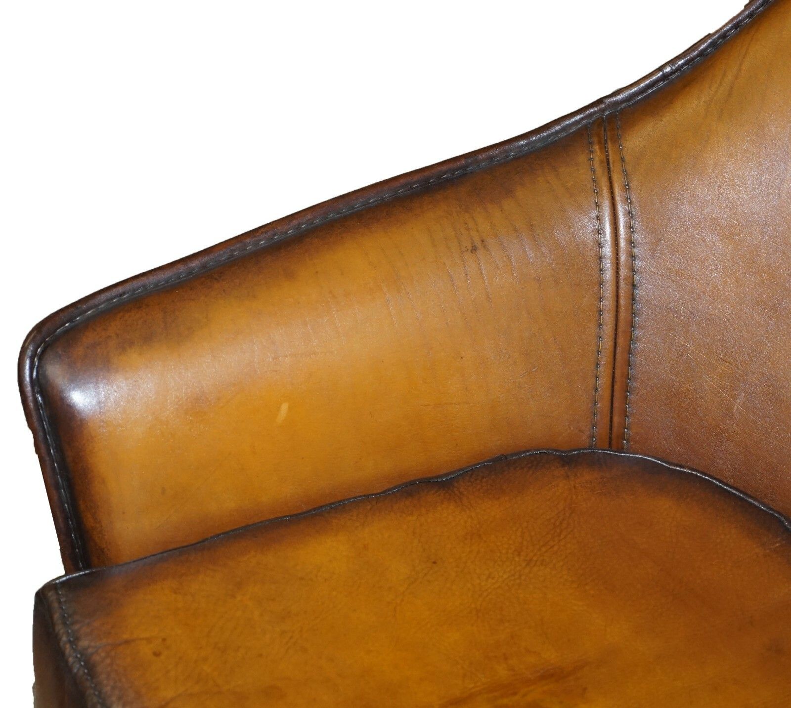 Sublime Fully Restored Art Modern Curved Back Brown Leather Sofa Part Of Suite photo buy