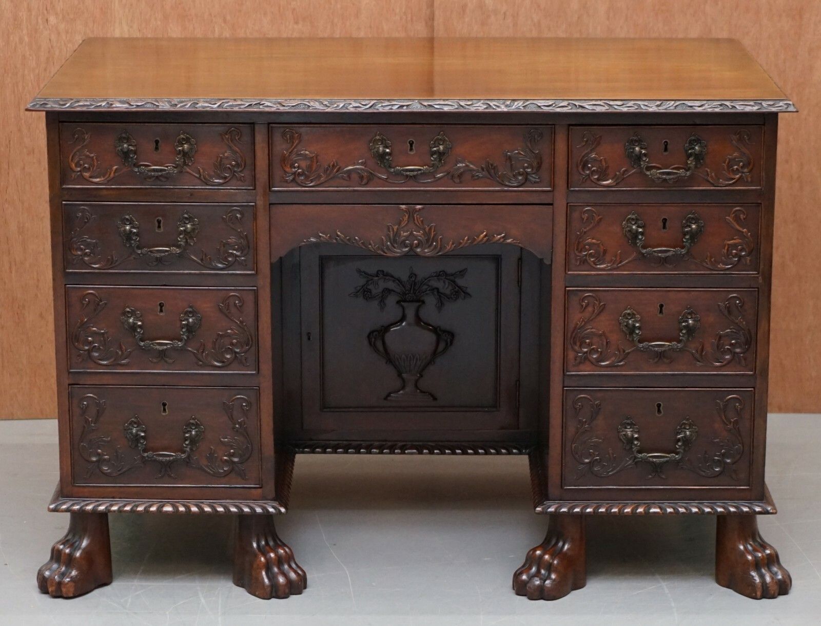 Sublime Hand Carved From Top To Bottom Antique Victorian 1850 Knee Hole Desk photo furniture