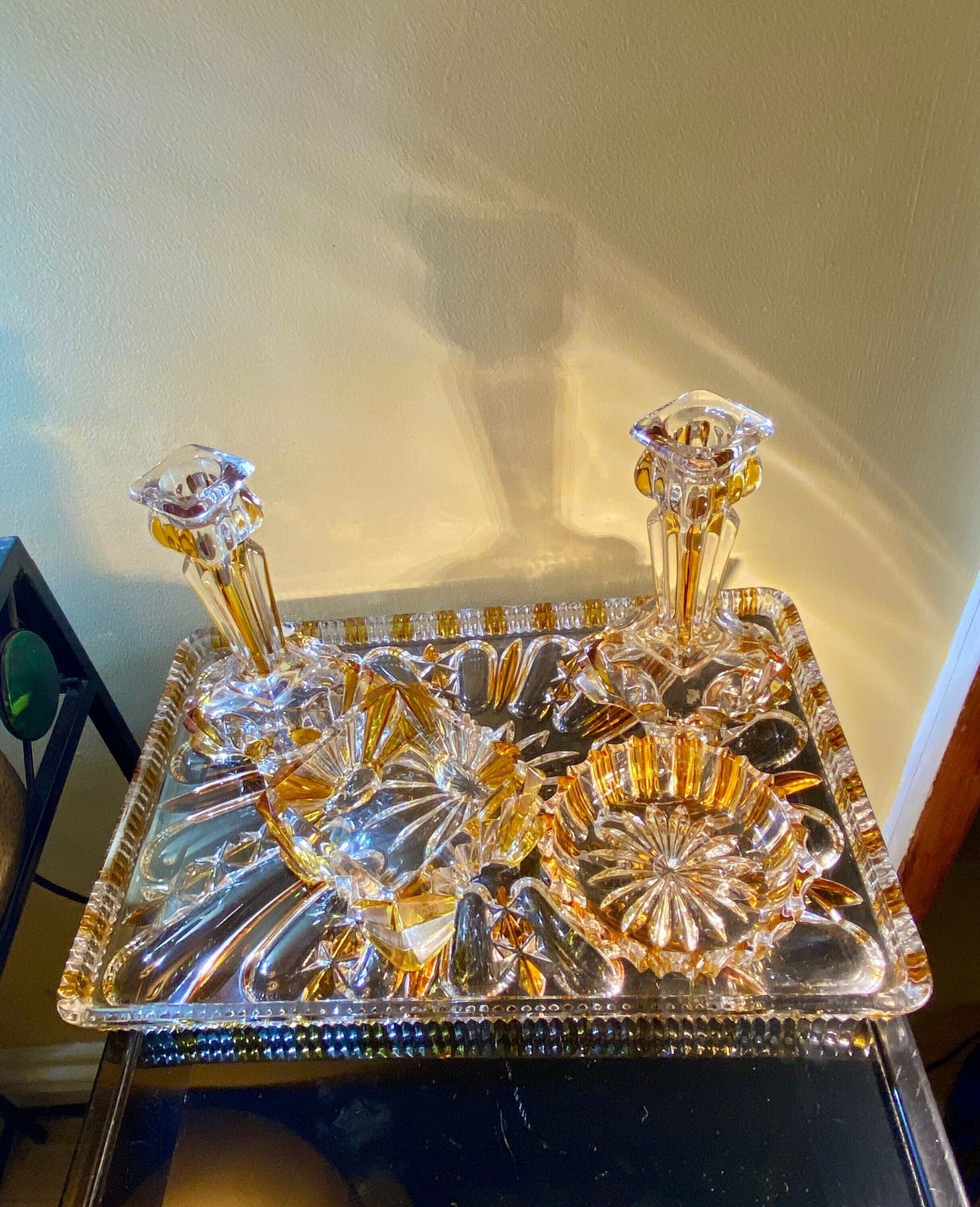 Antique/Vintage Art Deco 'Sunburst' Dressing Table Set In Amber And Clear Glass photo furniture