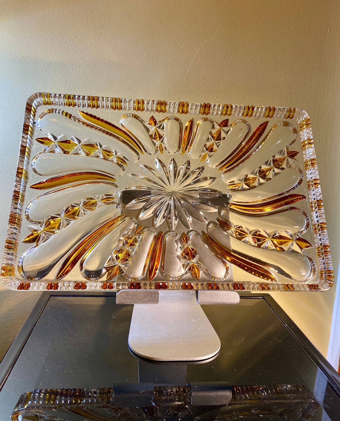 Antique/Vintage Art Deco 'Sunburst' Dressing Table Set In Amber And Clear Glass photo for sale