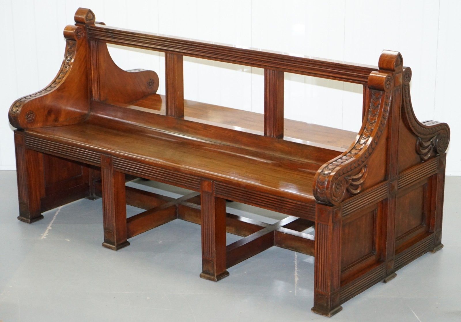 Rare Victorian Walnut Double Sided Museum Gallery Pew Bench Pugin Gothic Steeple photo for sale