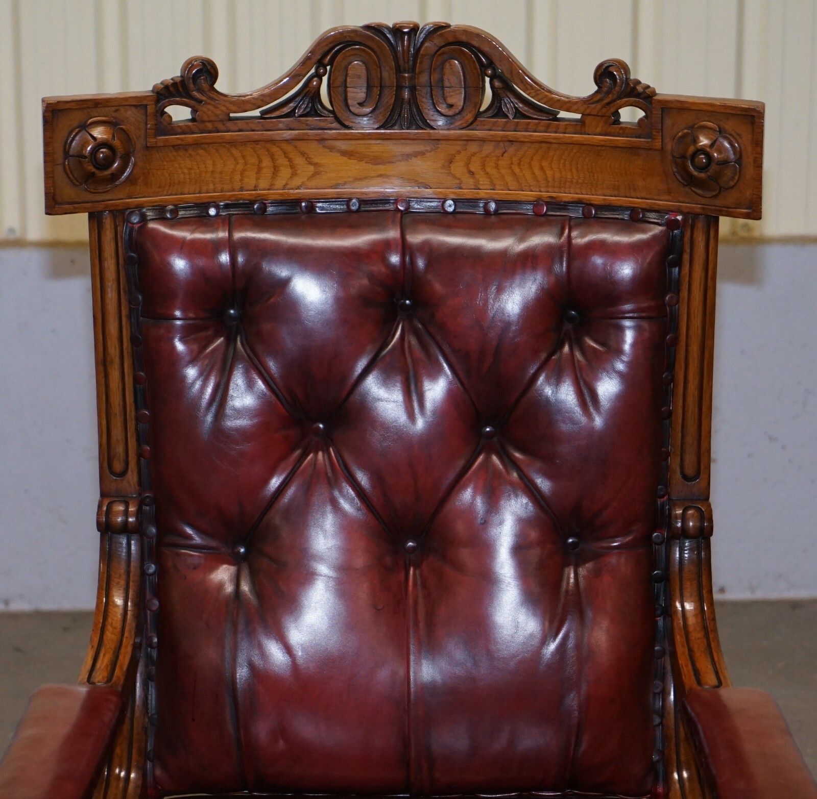 English Estate Circa 1840 Royal Crown Stamped Oxblood Leather Throne Armchair photo Furniture