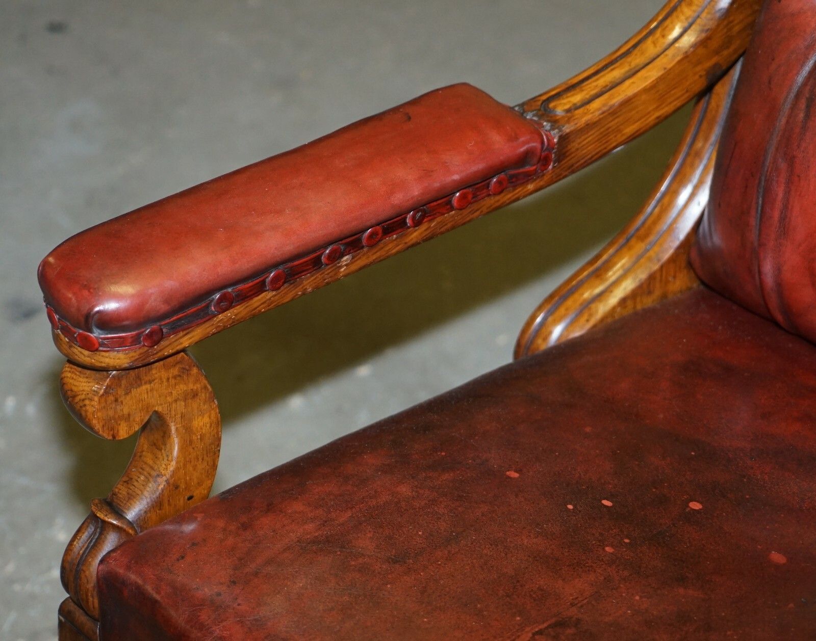 English Estate Circa 1840 Royal Crown Stamped Oxblood Leather Throne Armchair photo vintage