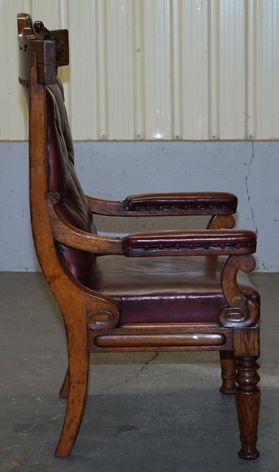 photo for sale English Estate Circa 1840 Royal Crown Stamped Oxblood Leather Throne Armchair