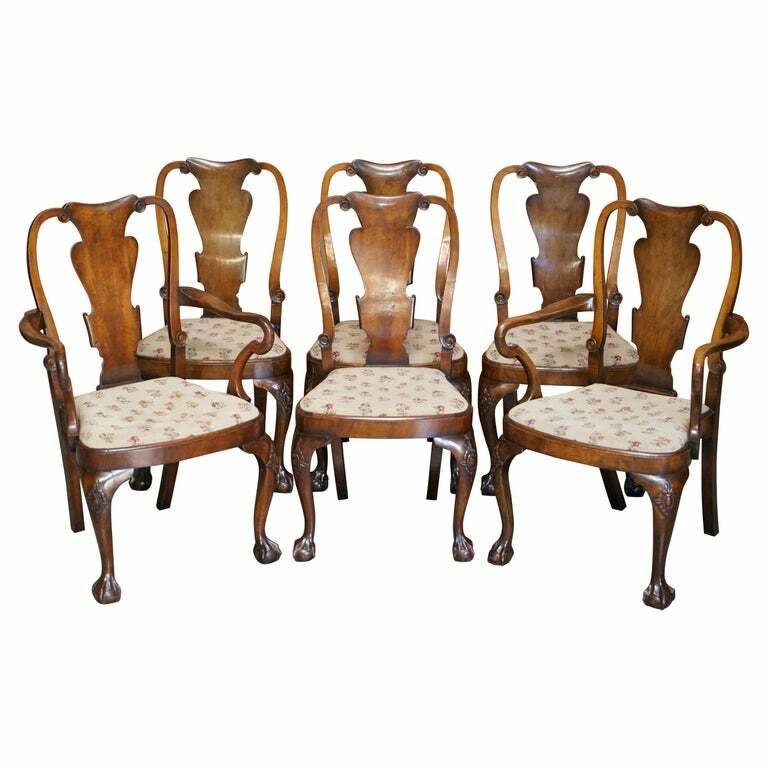 Six Victorian 1880 Walnut Shepherds Crook Dining Chairs With Claw & Ball Feet