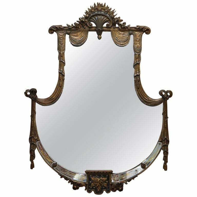 Rare Large Late 19th Century Giltwood Mirror French Shield Shape Acanthus Detail