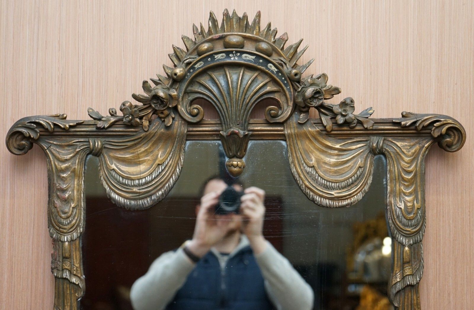 Rare Large Late 19th Century Giltwood Mirror French Shield Shape Acanthus Detail photo furniture