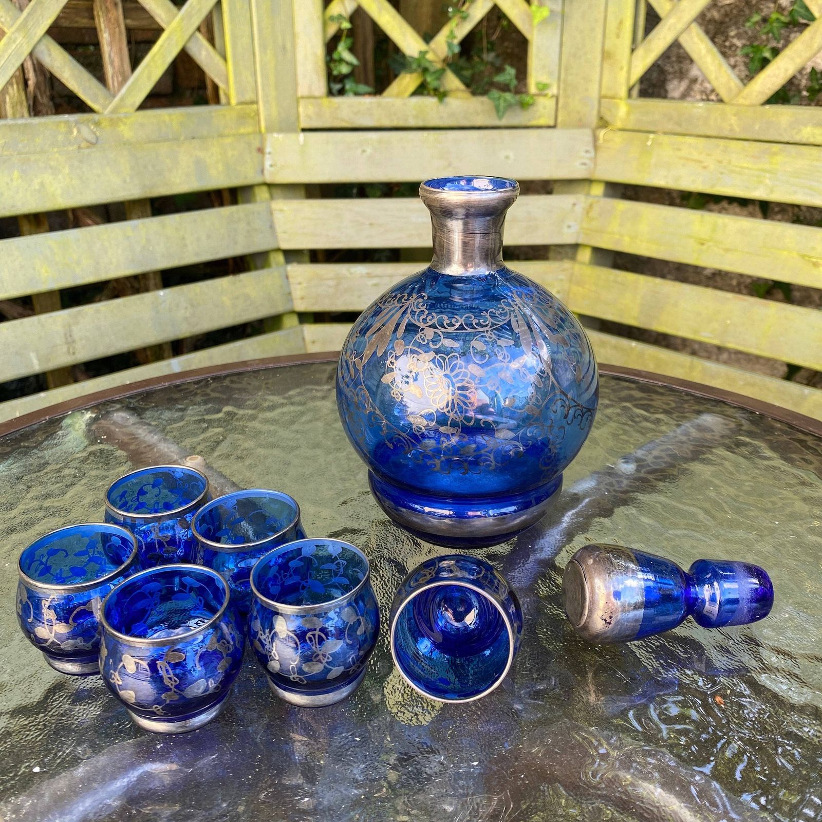 Eye Catching Cobalt Blue & Silver Venetian Glass Decanter With Liqueur/Shot Glasses photo furniture