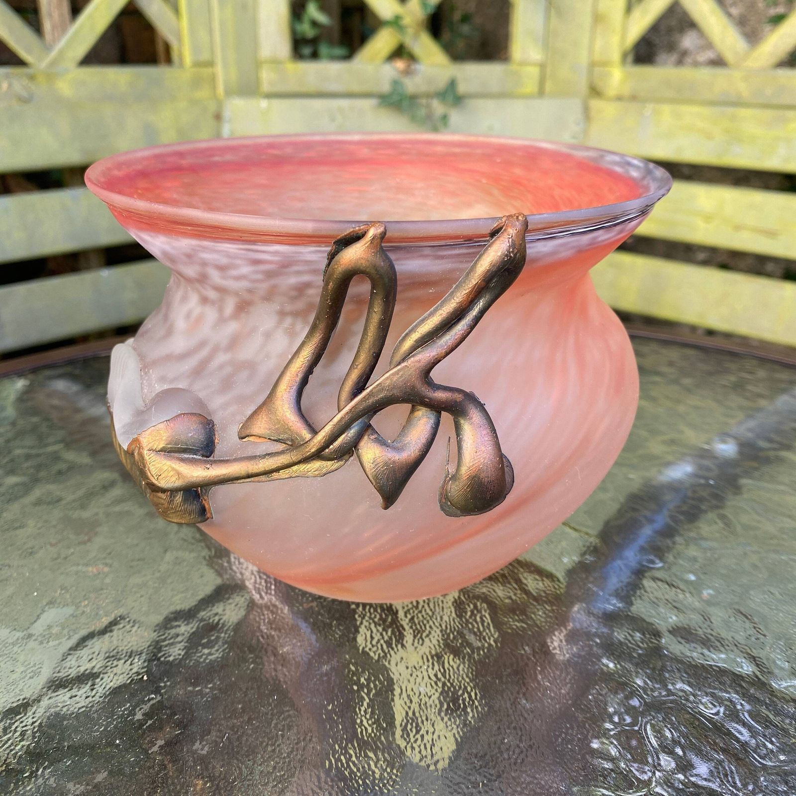 Stunning Filip Ravert Art Glass Vase With Copper/Bronze Organic Overlay photo for sale