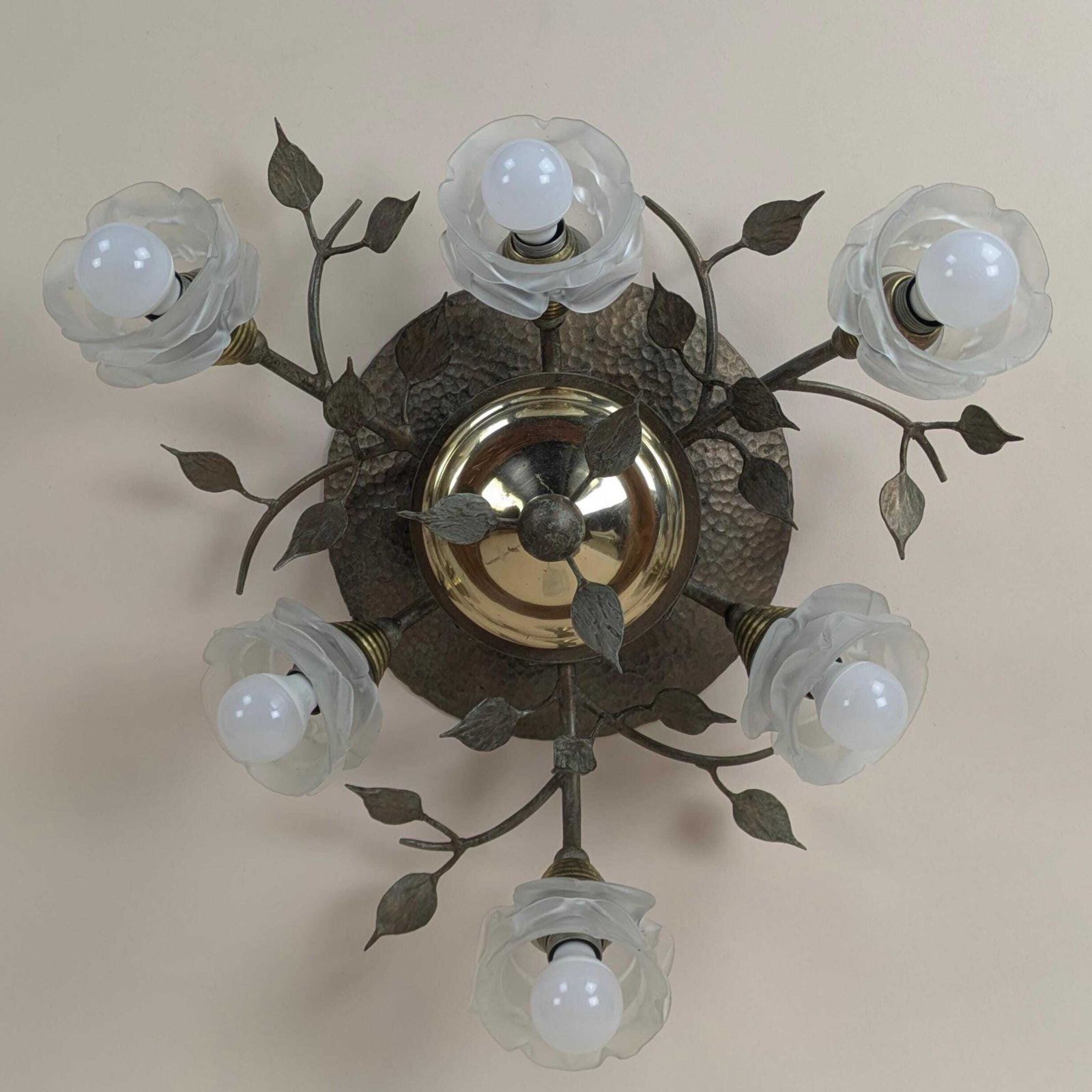 Vintage Italian Bronze Floral Semi Flush Ceiling Light Fixture Mid Century Rose Glass Shades Hollywood Regency Lighting photo vinterior