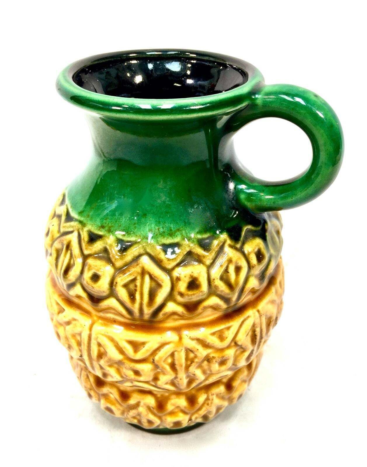 Vintage West German Pottery Vase Jug In Green & Yellow Glaze Retro 1970's photo for sale