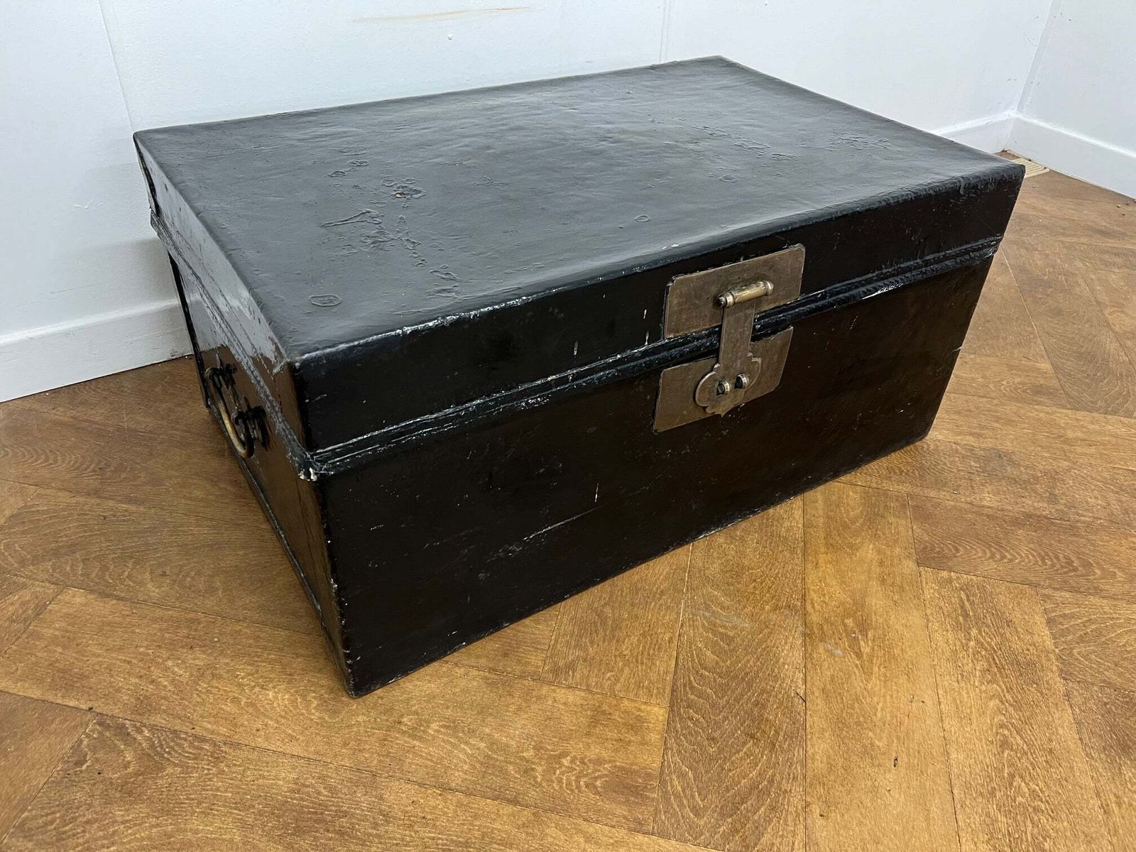 Vintage Black Painted Leather Bound Trunk With Brass Handles & Lock photo furniture
