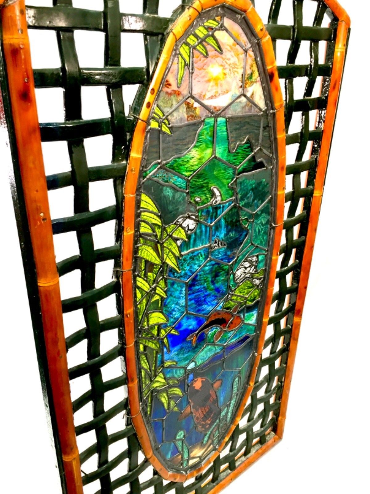 Vintage Oriental Large Wooden Edged Stain Glass Window Lake Scene Koi Fish C1970 photo Home Fixtures