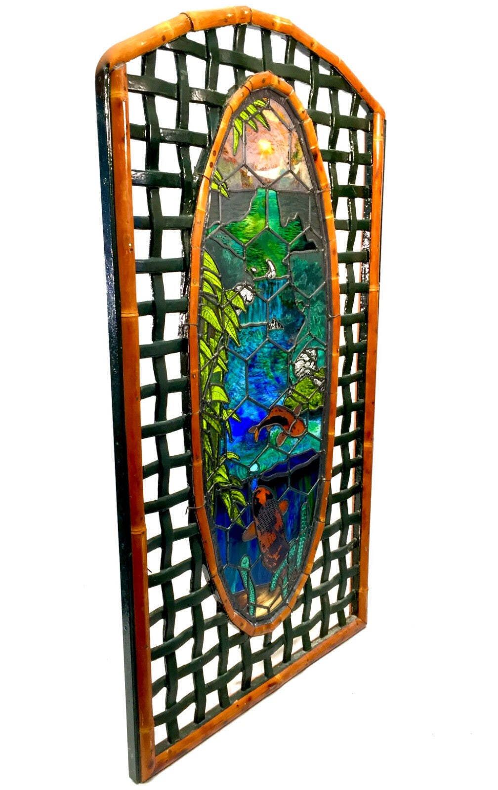 Vintage Oriental Large Wooden Edged Stain Glass Window Lake Scene Koi Fish C1970 photo vinterior