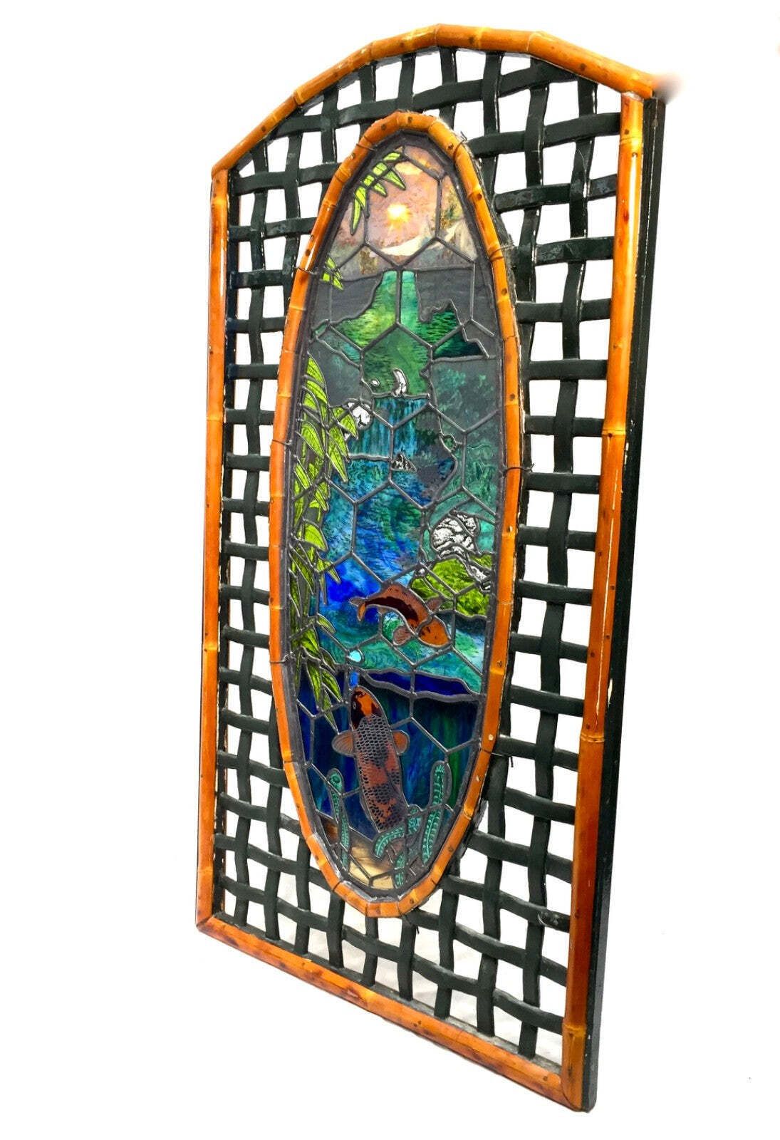photo for sale Vintage Oriental Large Wooden Edged Stain Glass Window Lake Scene Koi Fish C1970