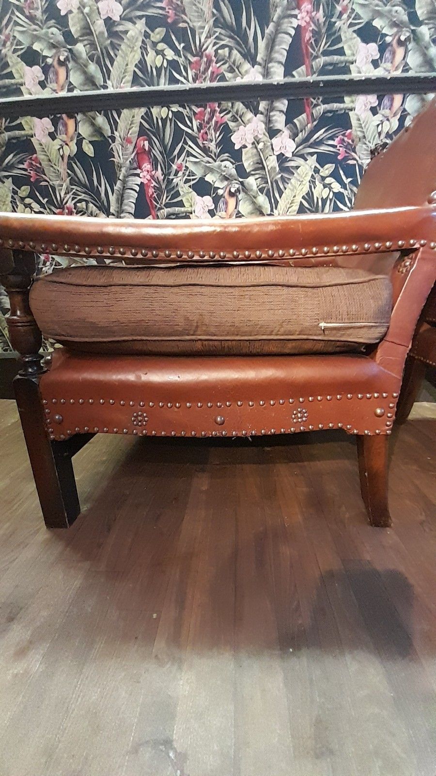 Pair Edwardian English Carved Oak Studded Leather Chairs With Lion Finials photo buy