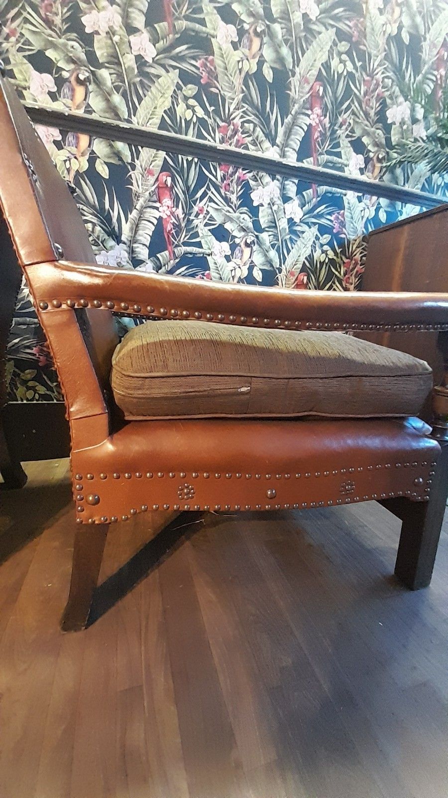 Pair Edwardian English Carved Oak Studded Leather Chairs With Lion Finials photo vintage