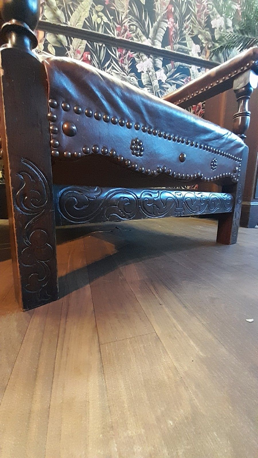 1200.0 Pair Edwardian English Carved Oak Studded Leather Chairs With Lion Finials photo