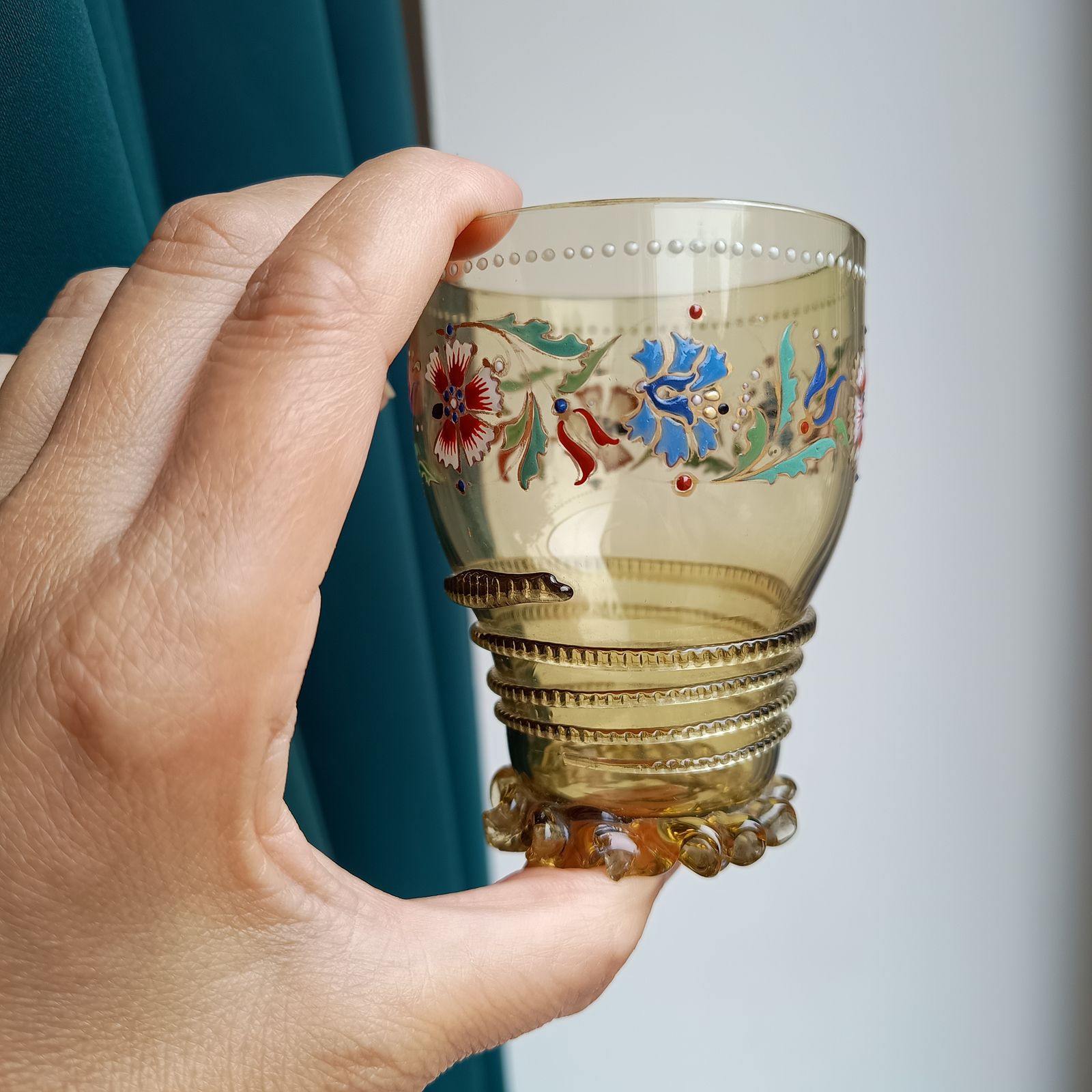 Theresienthal Historismus Olive Green Antikgrün Enamelled Glass Roemmer "Roman" Renaissance Revival Beaker By Henrietta Von Porschinger photo for sale