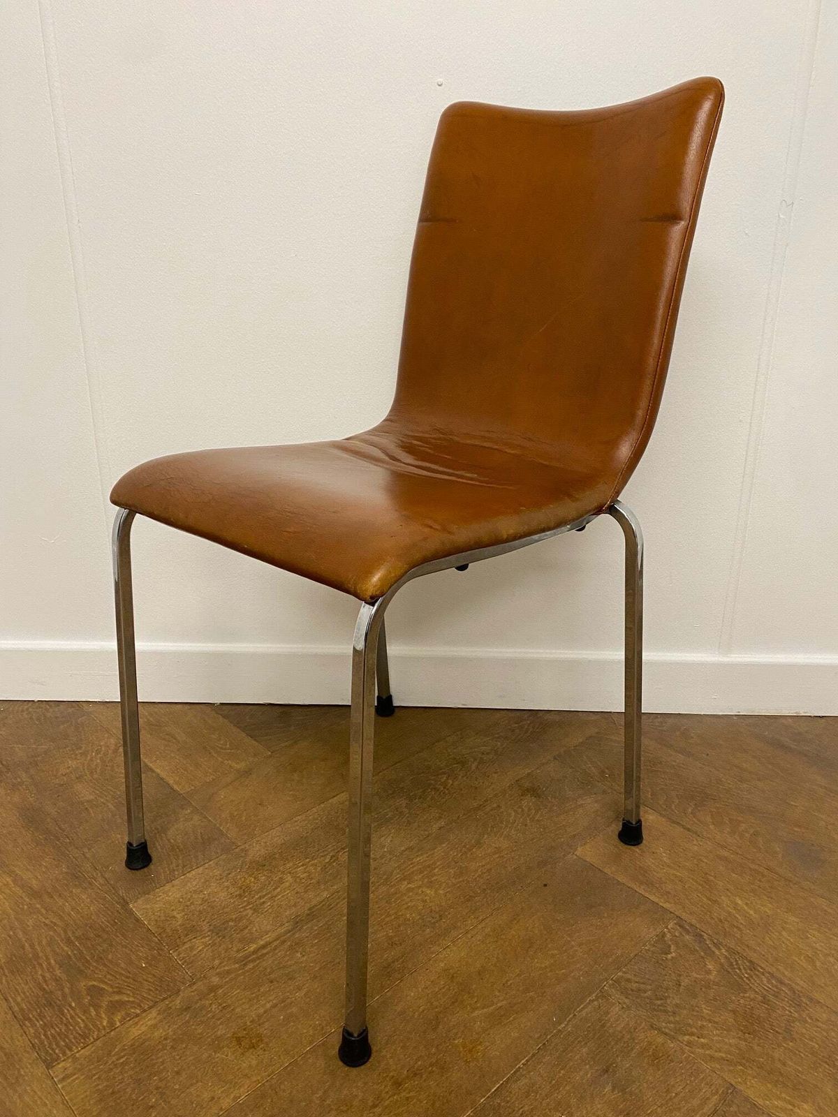 Used Vintage Italian Tan Leather 4 Legged Chrome Stacking Chair (Set Of 12) photo Furniture
