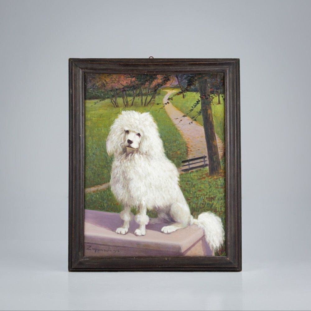 Early 20th Century Oil On Canvas Dog Portrait Of A White Poodle