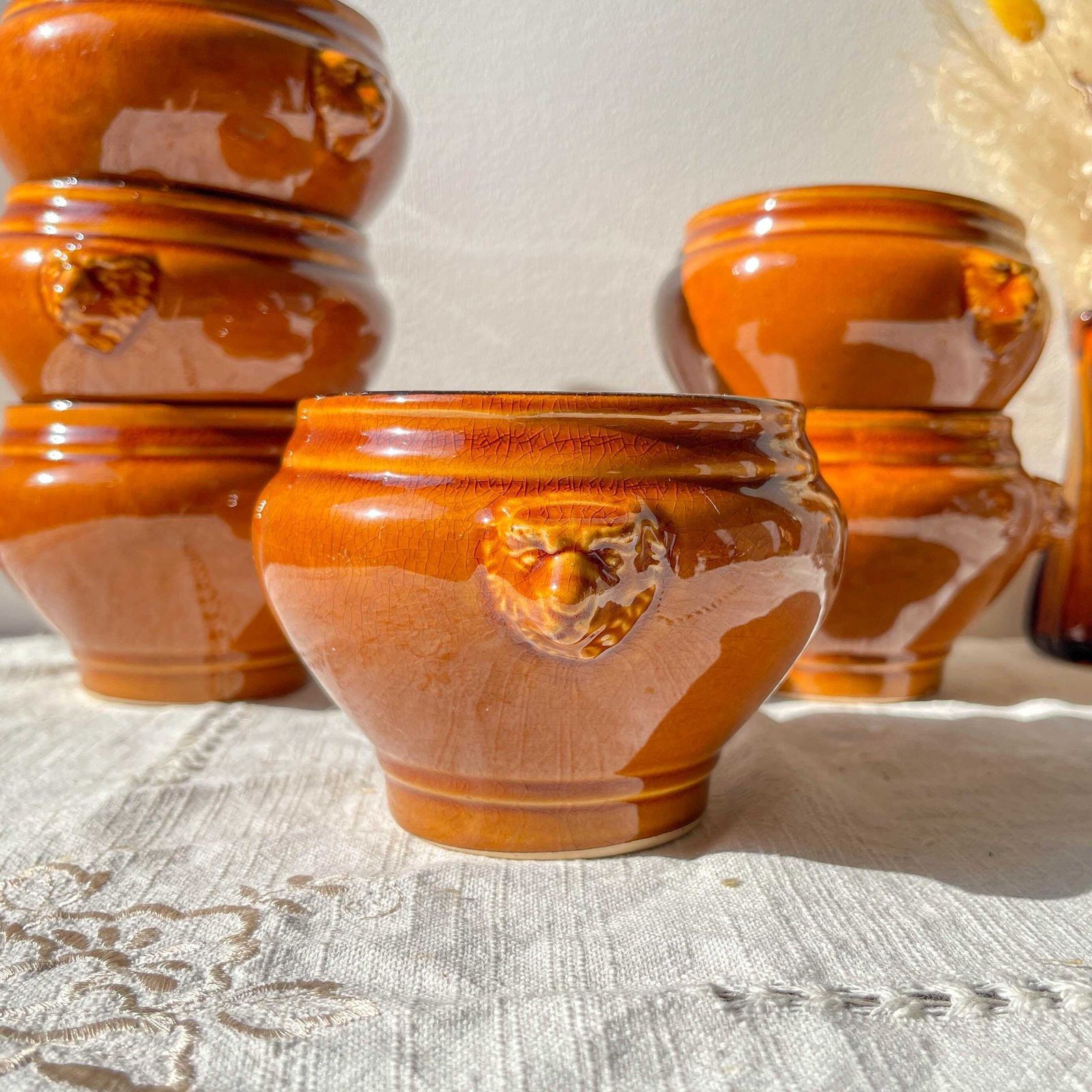 6 Vintage Emile Henry Style Ceramic Lion Head Onion Soup Bowls   Honey And Black, Made In France   élégance Tradition photo for sale