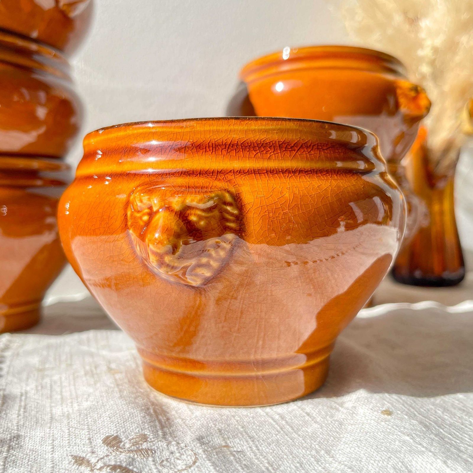 6 Vintage Emile Henry Style Ceramic Lion Head Onion Soup Bowls   Honey And Black, Made In France   élégance Tradition photo 64.0
