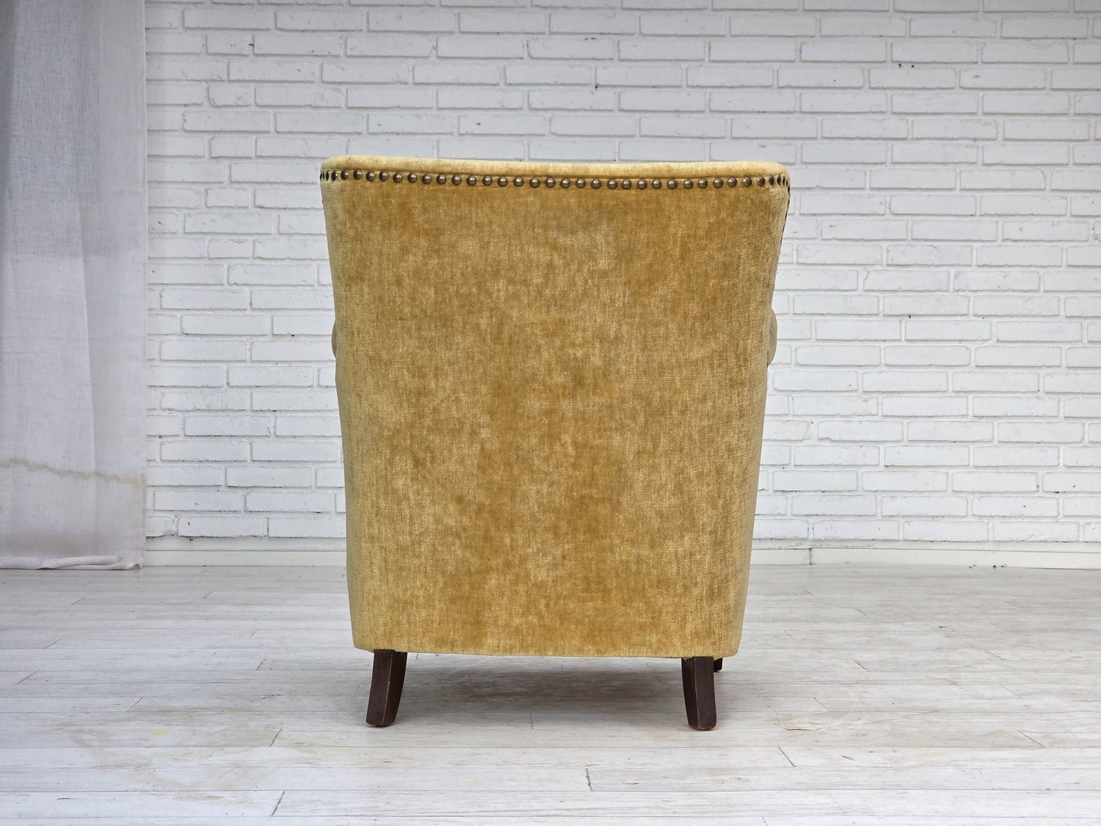 1960s, Danish Armchair, Honey Yellow Furniture Velour, Original Condition. photo for sale
